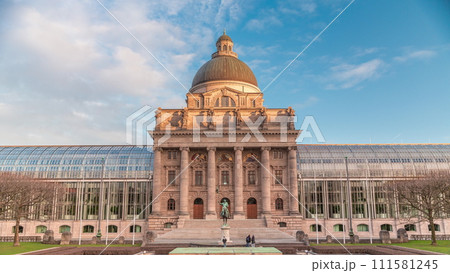 View of Bayerische Staatskanzlei timelapse during sunset, Bavarian State Chancellery building. Munich, Germany View of Bayerische Staatskanzlei timelapse during sunset, Bavarian State Chancellery building. Munich, Germany 111581245