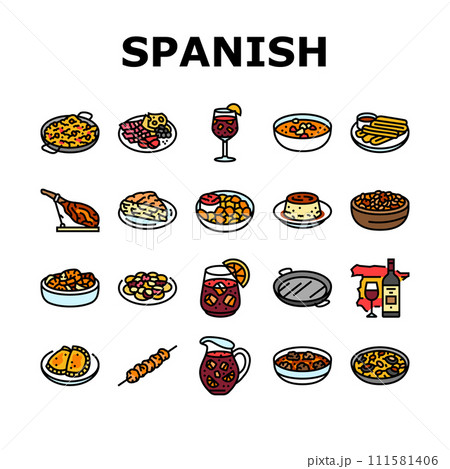spanish cuisine food paella tapas icons set vector 111581406