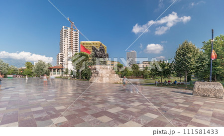 Panorama showing the Skanderbeg memorial and Ethem Bey mosque on the main square in Tirana timelapse, Albania 111581433