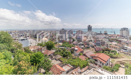Panorama showing aerial view of city centre and the harbour of Durres timelapse from viewpoint, Albania. 111581435