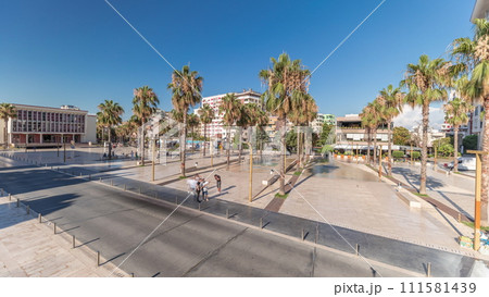 Panorama showing aerial view of the fountains and palms on the main square Sheshi Liria in Durres timelapse, Albania 111581439