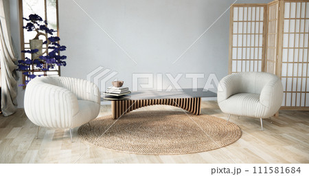 Purple japan interior style has a armchair sofa on living room minimal 111581684
