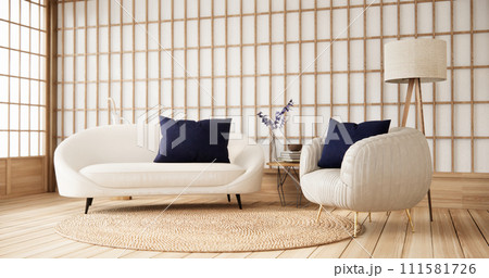 Purple japan interior style has a armchair sofa on living room minimal 111581726