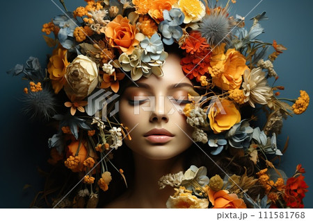 Front view of an art portrait of a young girl in a large wreath of flowers image on a blue background. 111581768
