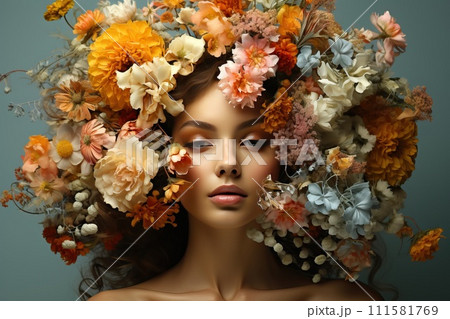 Front view of an art portrait of a young girl in a large wreath of flowers. Front view of an art portrait of a young girl in a large wreath of flowers. 111581769