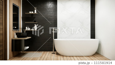Wooden and black granite wall in Japan bathroom modern Onsen minimal style 111581914