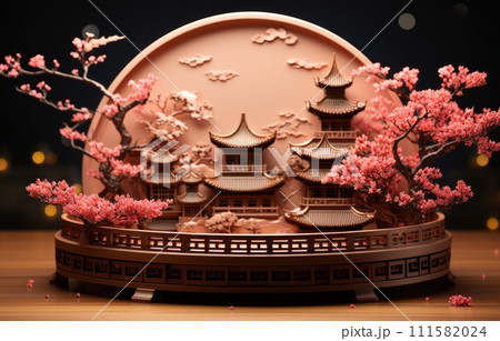 Chinese New Year red and golden theme podium scene with 3D  oriental festive elements on background for product display 111582024