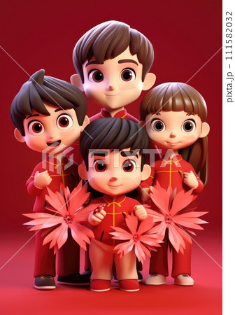 cute of character kids group friends on red chines culture suit of Chinese new year celebration concept with happy and funny 111582032