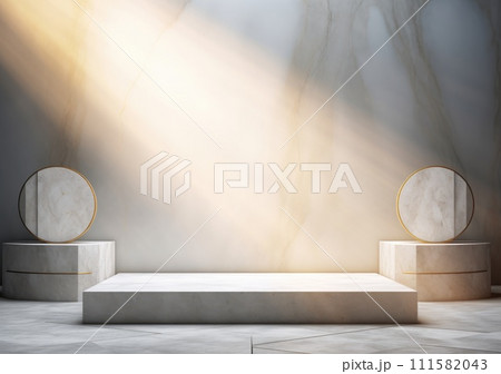 abstract modern minimal background with cobblestones on the wet floor. Trendy showcase with golden round frame and empty platform for product displaying 111582043