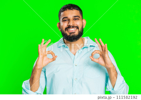 Happy Indian man showing ok gesture, like sign positive feedback , celebrate victory, approve idea 111582192