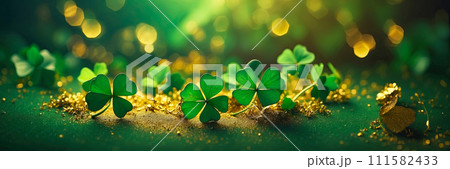 Background of green clover and gold dust for St. Patrick's Day. Patrick Day Banner. AI generated 111582433