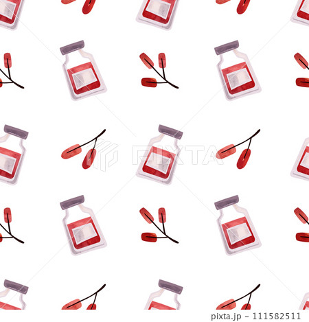 Watercolor seamless pattern with jam and autumn twigs. Pattern for seasonal wrapping paper, fabric, textiles, tablecloths and curtains in a tea cafe or coffee shop. 111582511