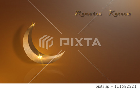 Ramadan Kareem banner, 3D gold crescent moon, holiday greeting traditional islamic. Arabic design for product showcase, presentation, cosmetic, base, ramadan sales, copy space on beige background 111582521