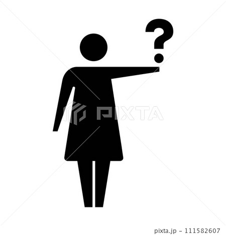Person with question mark icon, female vector sign for faq, help, ask and customer service symbol pictogram human illustration Person with question mark icon, female vector sign for faq, help, ask and customer service symbol pictogram human illustration 111582607