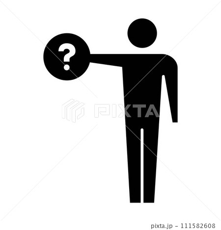 Person with question mark icon, male vector sign for faq, help, ask and customer service symbol pictogram human illustration 111582608