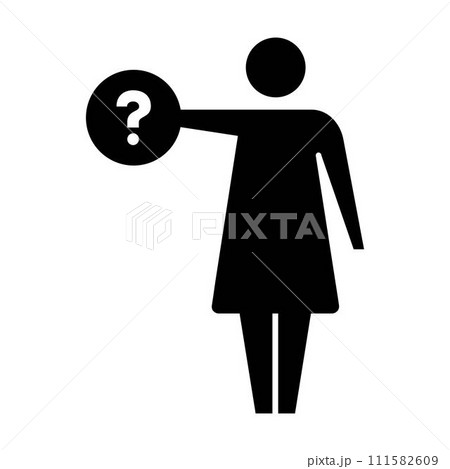 Person with question mark icon, female vector sign for faq, help, ask and customer service symbol pictogram human illustration 111582609
