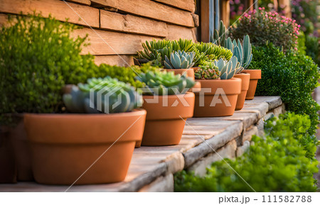 An array of terracotta flowerpots cradling an assortment of colorful flowers, captured with a shallow depth of field 111582788
