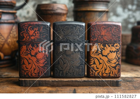 Three designer gasoline cigar lighters stand on a stand on the table 111582827