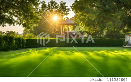 Wide green-trimmed lawn stretches across the backyard Wide green-trimmed lawn stretches across the backyard 111582863