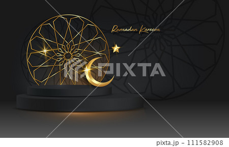 Ramadan Luxury Islamic Podium with gold crescent moon, traditional islamic round frame. 3D Horizontal Arabic Banner for product showcase, Product presentation, cosmetic, base, sales, black background 111582908