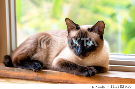AI-generated content. Chilling Relaxing Beige Dark Siamese Asian Cat Lying on Windowsill Indoor, Green Trees on Background. National Cat Day. Happy Sleeping Pet. Ai Generated. Horizontal Plane.  111582910