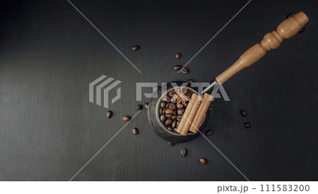 coffee beans at the mixed heap of roasted coffee with copy space for text. Concept of Coffee fresh. coffee beans at the mixed heap of roasted coffee with copy space for text. Concept of Coffee fresh. 111583200