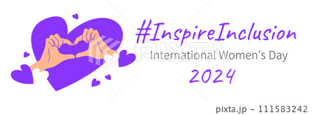 Inspire inclusion campaign heart finger gesture. International Womens Day 2024 theme banner. Hand drawn human hands make heart symbol to stop discrimination and stereotypes. Gender equal world 111583242