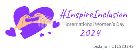 Inspire inclusion campaign heart finger gesture. International Womens Day 2024 theme banner. Hand drawn human hands make heart symbol to stop discrimination and stereotypes. Gender equal world 111583245