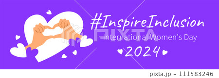 Inspire inclusion campaign heart finger gesture. International Womens Day 2024 theme banner. Cartoon human hands make heart symbol to stop discrimination and stereotypes. Gender equal inclusive world 111583246