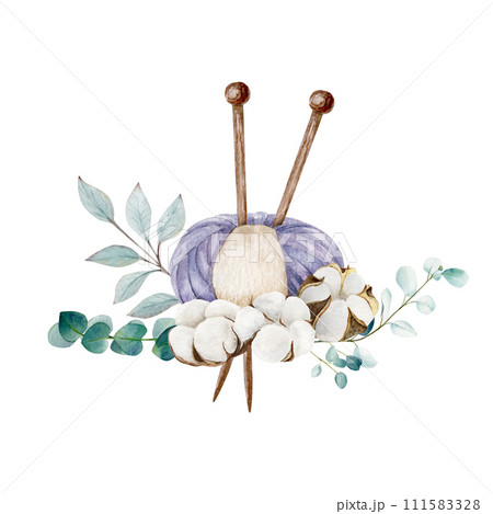 Knitting ball of yarn and single pointed needles with cotton bolls and eucalyptus branches, hand draw, watercolor illustration 111583328