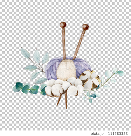 Knitting ball of yarn and single pointed needles with cotton bolls and eucalyptus branches, hand draw, watercolor illustration 111583328
