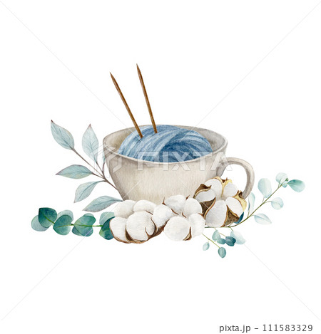Hand draw watercolor illustration, ball of yarn with double pointed needles in the cup with cotton bolls and eucalyptus branches Hand draw watercolor illustration, ball of yarn with double pointed needles in the cup with cotton bolls and eucalyptus branches 111583329