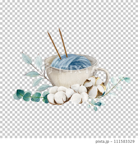 Hand draw watercolor illustration, ball of yarn with double pointed needles in the cup with cotton bolls and eucalyptus branches Hand draw watercolor illustration, ball of yarn with double pointed needles in the cup with cotton bolls and eucalyptus branches 111583329