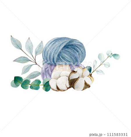 Knitting balls of yarn with cotton bolls and eucalyptus branches, hand draw, watercolor illustration Knitting balls of yarn with cotton bolls and eucalyptus branches, hand draw, watercolor illustration 111583331