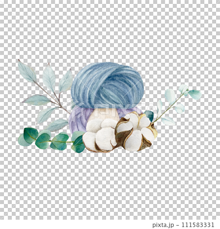 Knitting balls of yarn with cotton bolls and eucalyptus branches, hand draw, watercolor illustration 111583331