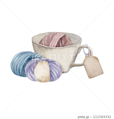 Knitting ball of yarn in the cup, balls of yarn, hand draw, watercolor illustration Knitting ball of yarn in the cup, balls of yarn, hand draw, watercolor illustration 111583332