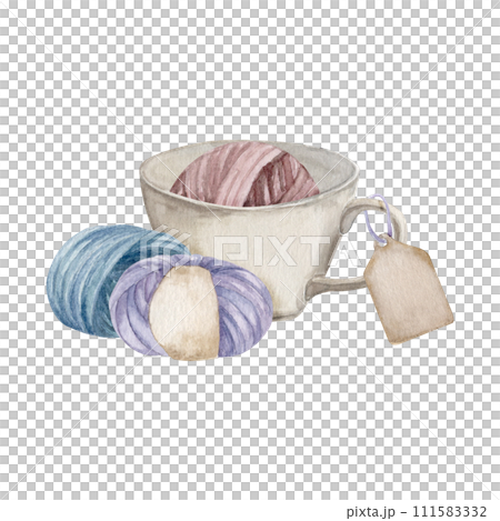 Knitting ball of yarn in the cup, balls of yarn, hand draw, watercolor illustration Knitting ball of yarn in the cup, balls of yarn, hand draw, watercolor illustration 111583332