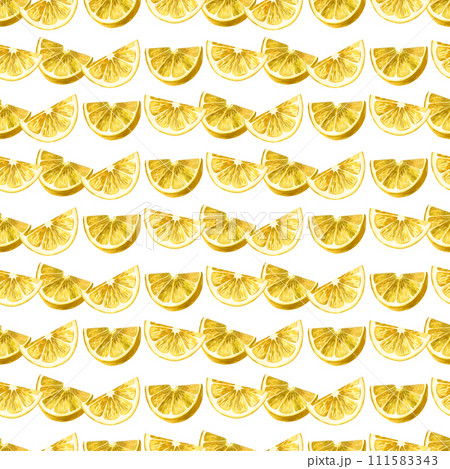Watercolor pattern. Yellow lemon slices hand drawn in watercolor on a white background. Suitable for printing on fabric and paper, for kitchen decoration, decoration of dishes and towels, tablecloths. Watercolor pattern. Yellow lemon slices hand drawn in watercolor on a white background. Suitable for printing on fabric and paper, for kitchen decoration, decoration of dishes and towels, tablecloths. 111583343