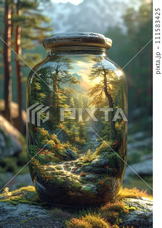 A beautiful forest landscape enclosed in a glass jar. Environmental protection symbol 111583425