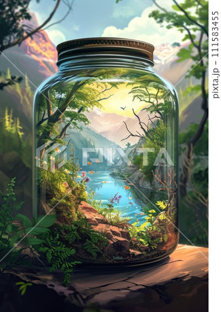 A beautiful forest landscape enclosed in a glass jar. Environmental protection symbol A beautiful forest landscape enclosed in a glass jar. Environmental protection symbol 111583455