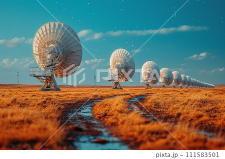 A field with large satellite antennas. The concept of communication with space 111583501