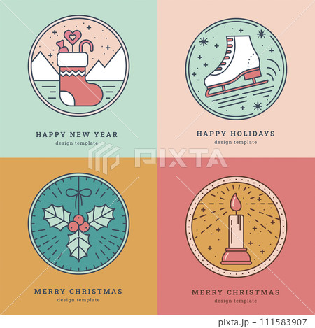 Set of Greeting Cards with Icon, Symbol of New Year and Christmas. Sock with Gifts, Skates, Mistletoe, Candle with light. Pastel colors. Template for Tags, Greeting Card, Sticker. Vector illustration Set of Greeting Cards with Icon, Symbol of New Year and Christmas. Sock with Gifts, Skates, Mistletoe, Candle with light. Pastel colors. Template for Tags, Greeting Card, Sticker. Vector illustration 111583907