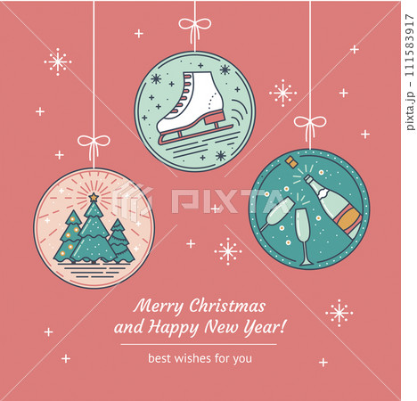Merry Christmas Greeting Card with Linear Christmas Tree, Champagne, Glasses and Skates, Christmas Toya on a Pink Background. Line art New Year greetind card or invitation. Vector illustration Merry Christmas Greeting Card with Linear Christmas Tree, Champagne, Glasses and Skates, Christmas Toya on a Pink Background. Line art New Year greetind card or invitation. Vector illustration 111583917