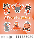 Monster Doodle Character Sticker Pack. Handdrawn vector illustration with Dragon and Fire, Slime Slug, Vampire, Devil, Pumpkin, Witch, All Saints Day concept for mystical party, sale banner, posters 111583929