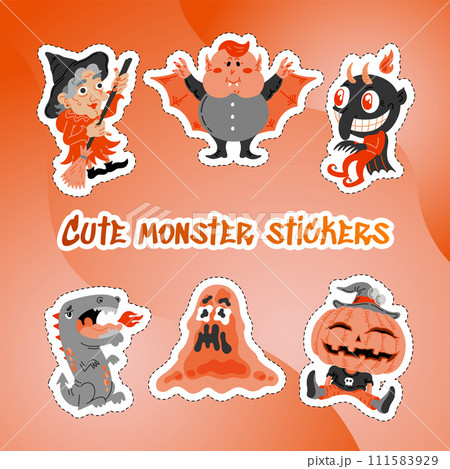 Monster Doodle Character Sticker Pack. Handdrawn vector illustration with Dragon and Fire, Slime Slug, Vampire, Devil, Pumpkin, Witch, All Saints Day concept for mystical party, sale banner, posters 111583929