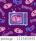 Handdrawn Doodle Television TV vector illustration with Lettering word Video News, Scandals, Facts in vintage 70 style. Vector illustration 111583935