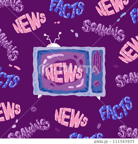 Handdrawn Doodle Television TV vector illustration with Lettering word Video News, Scandals, Facts in vintage 70 style. Vector illustration 111583935