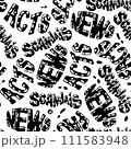 Handdrawn seamless pattern in monochrome black and white colors. Cartoon Doodle vector illustration with Lettering word News, Scandals, Facts and Acts in vintage modern style. Vector illustration 111583948