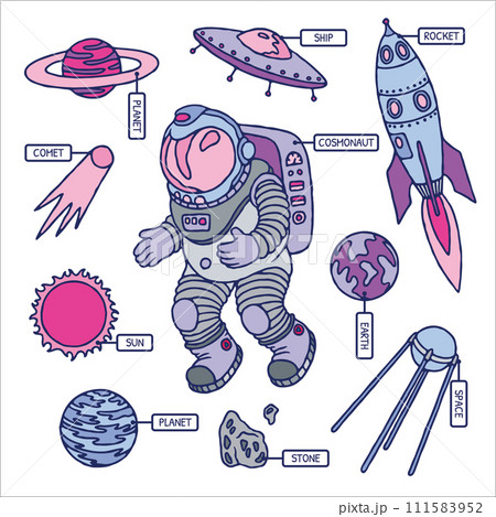 Set of galaxy cosmic elements astronaut, earth, satellite, comet, planet, sun, rocket and meteorite univerce vector cartoon illustration space cosmos on a white background 111583952