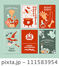 Halloween party promo sale social media template with magic elements. Cauldron with potion, magic hat, bat, skull, candle, pumpkin, magic ball, cards, ghost. Poster, banner, special offer. Vector 111583954